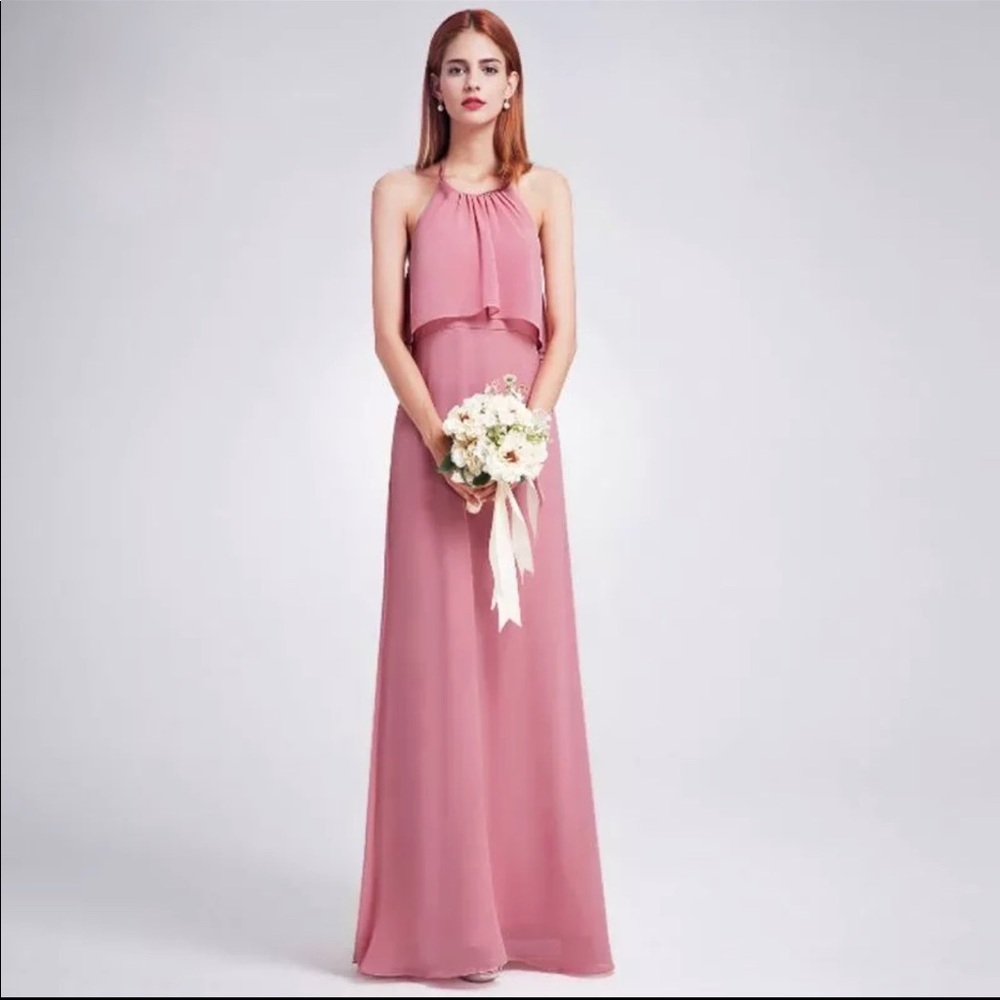 Pink Bridesmaid Chiffon A-Line Ruffle Dress